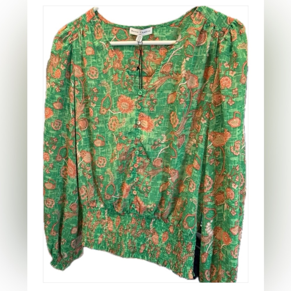 green long sleeve green pink floral blouse office date size med